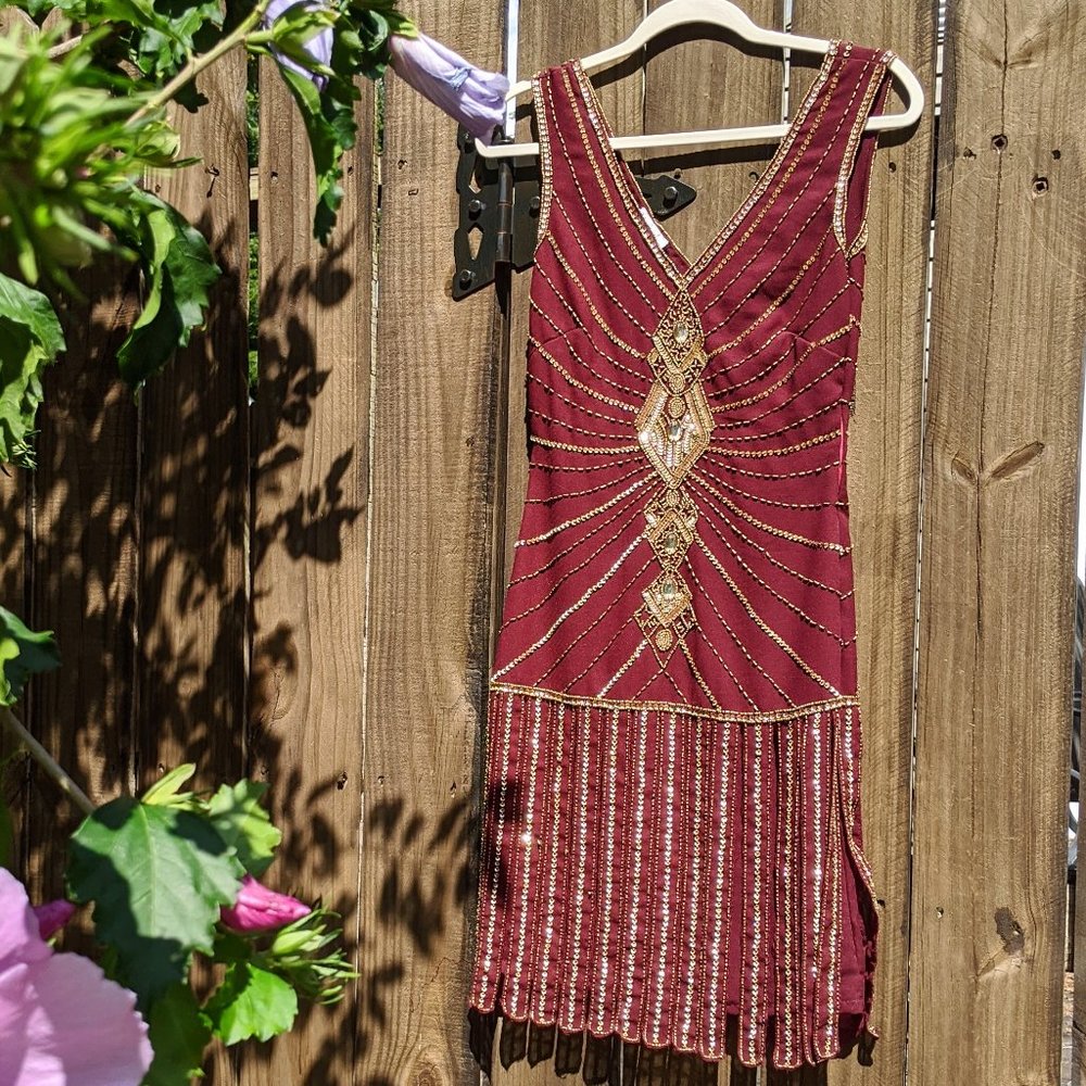 Deep Red Beaded Flapper Dress | Unique Vintage - Picture 2 of 4
